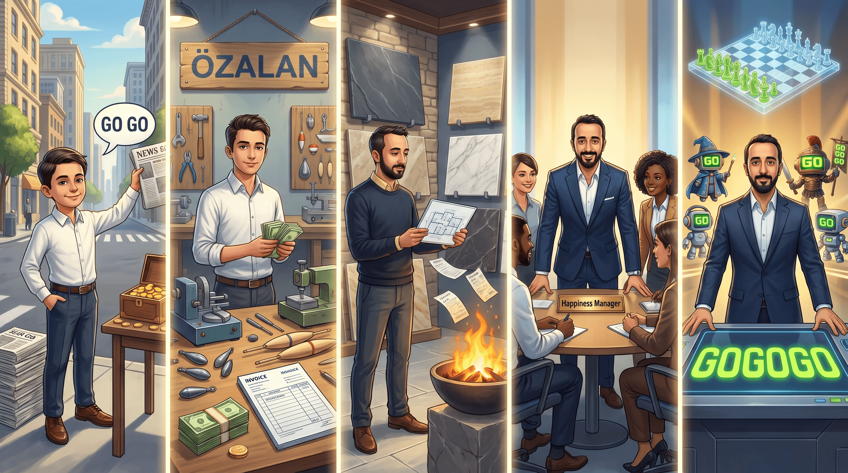 Arco vital 3D de Okan en estilo pictórico — del taller de redes de pesca al showroom de piedra natural, del equipo del Happiness Manager al panel operativo moderno de GOGOGO, con los cuatro GoBots de producto y un motivo de ajedrez en el cielo