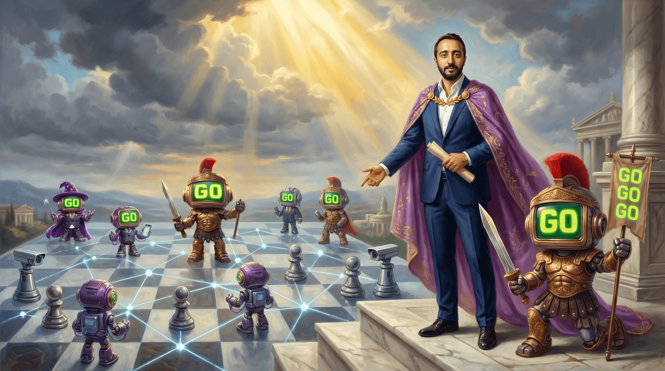 Mindscape pictórico estilo Friedrich-Wanderer de Okan mirando un paisaje-tablero de ajedrez con nodos de empresa conectados