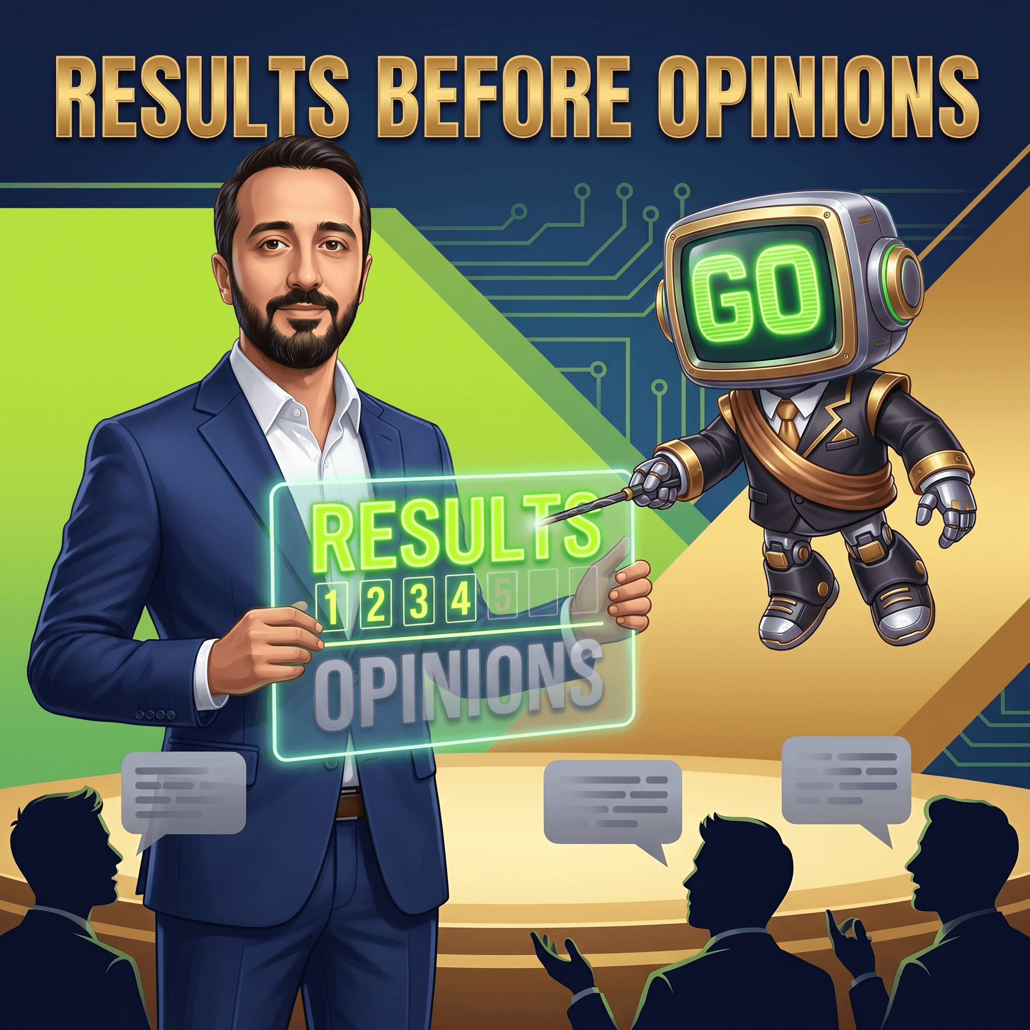 Mascot illustration: Primero resultados, después opiniones