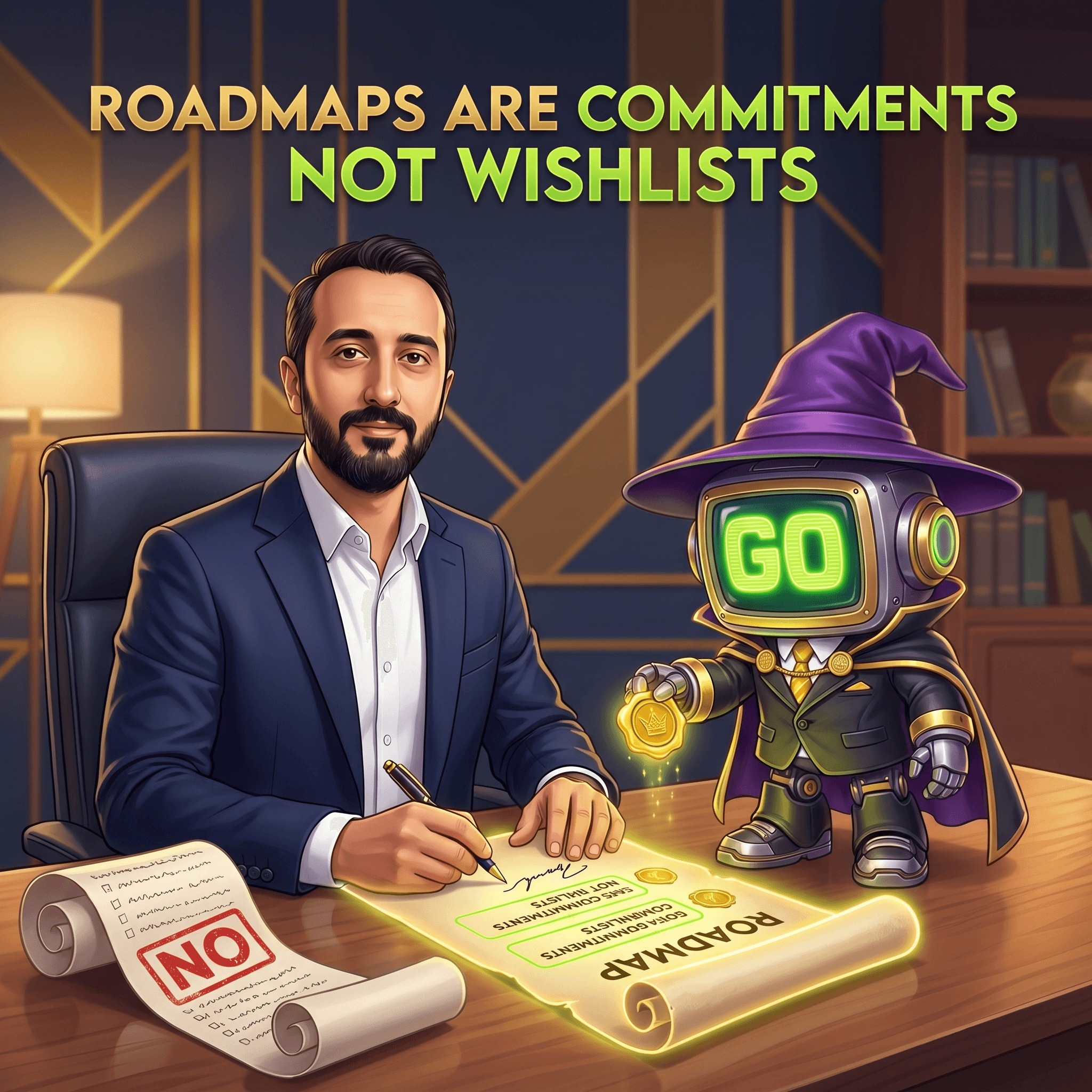 Mascot illustration · Los roadmaps son compromisos, no listas de deseos
