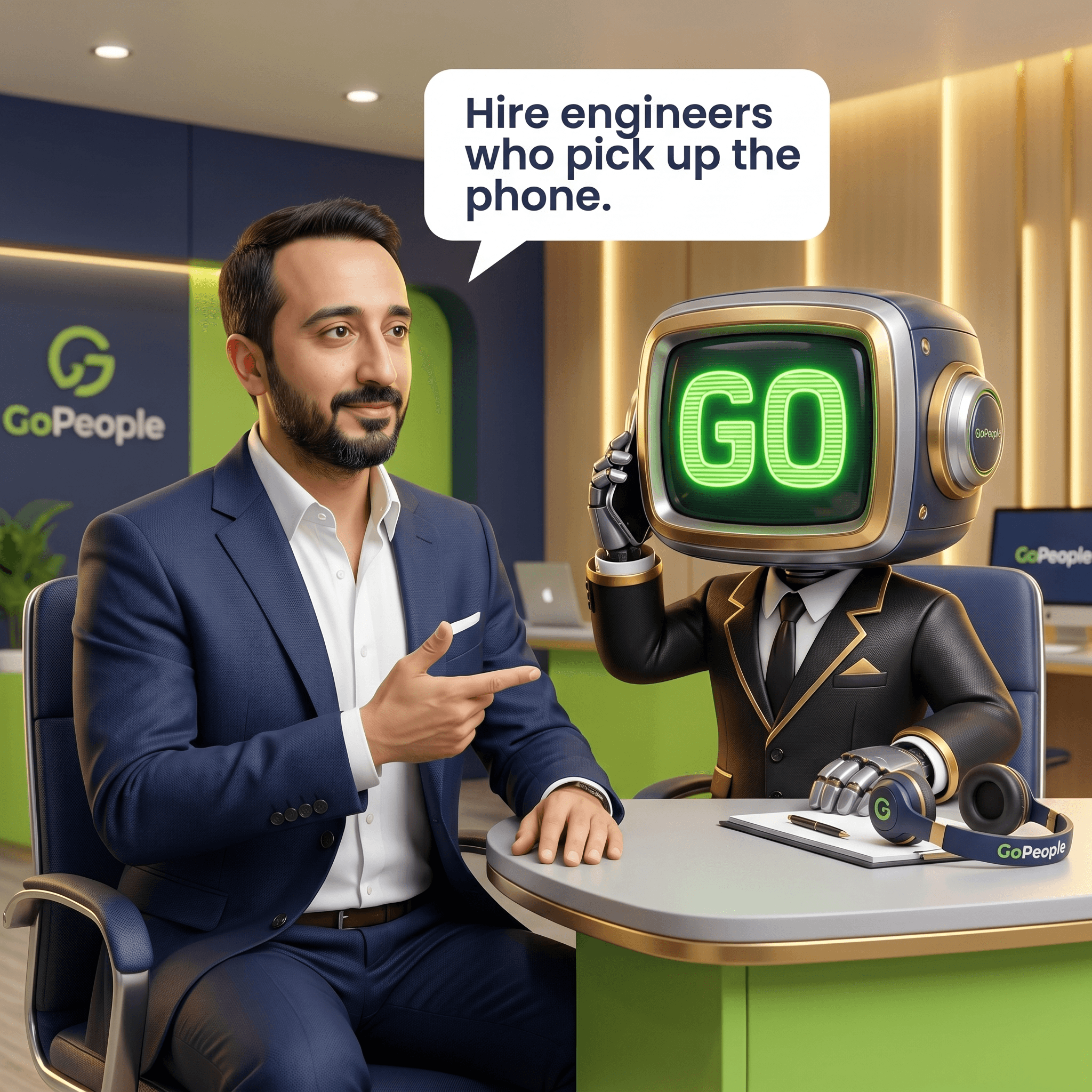 Mascot illustration · Contrata ingenieros que toman el teléfono