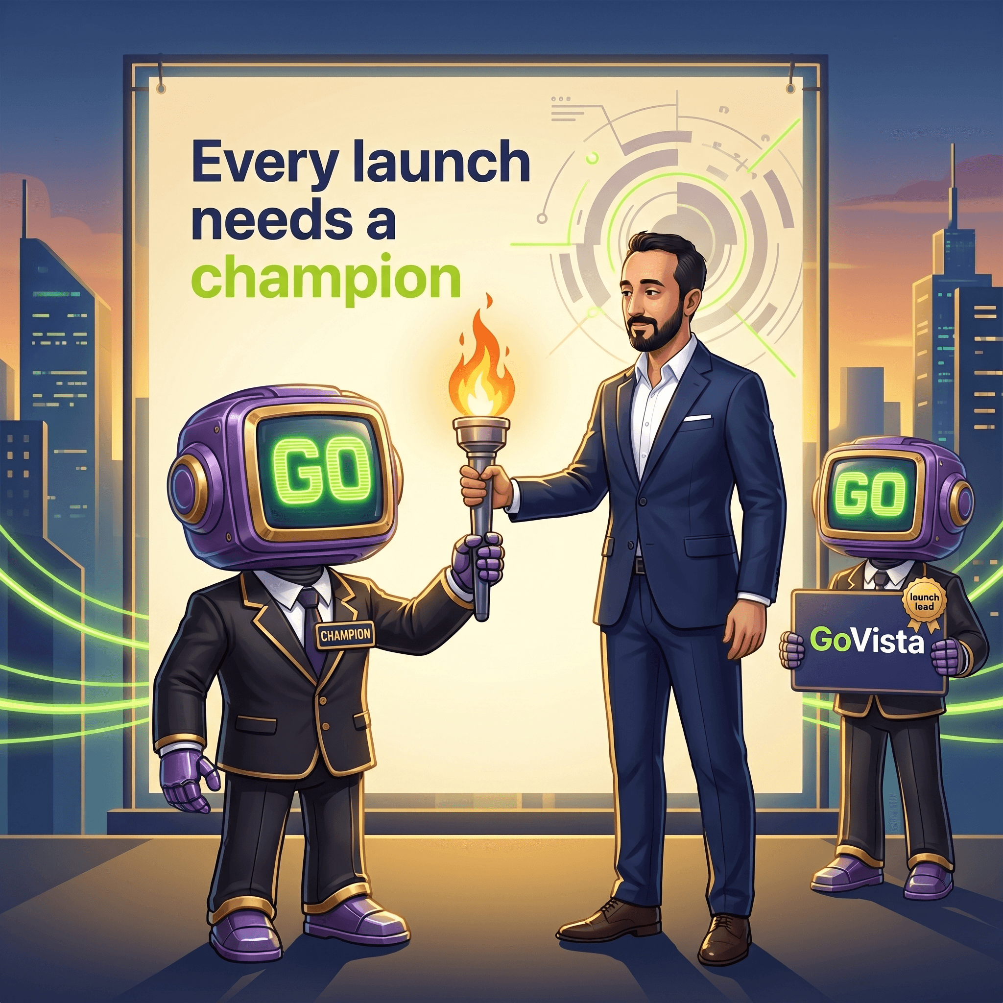 Mascot illustration · Cada lanzamiento necesita un dueño en la sala