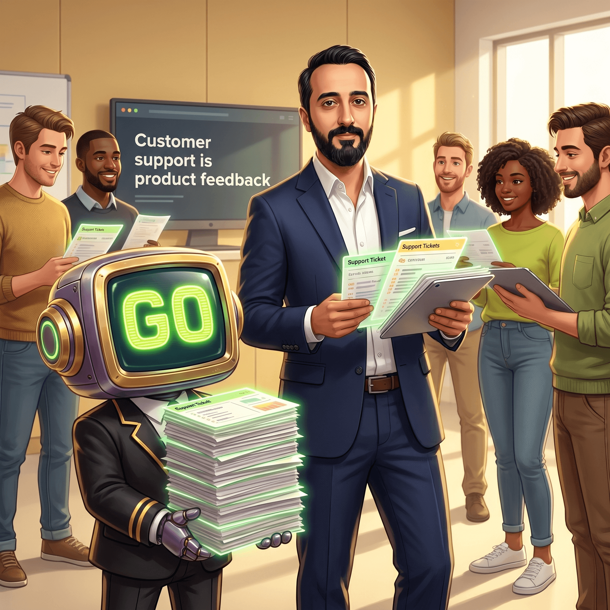 Mascot illustration · El soporte al cliente es feedback de producto