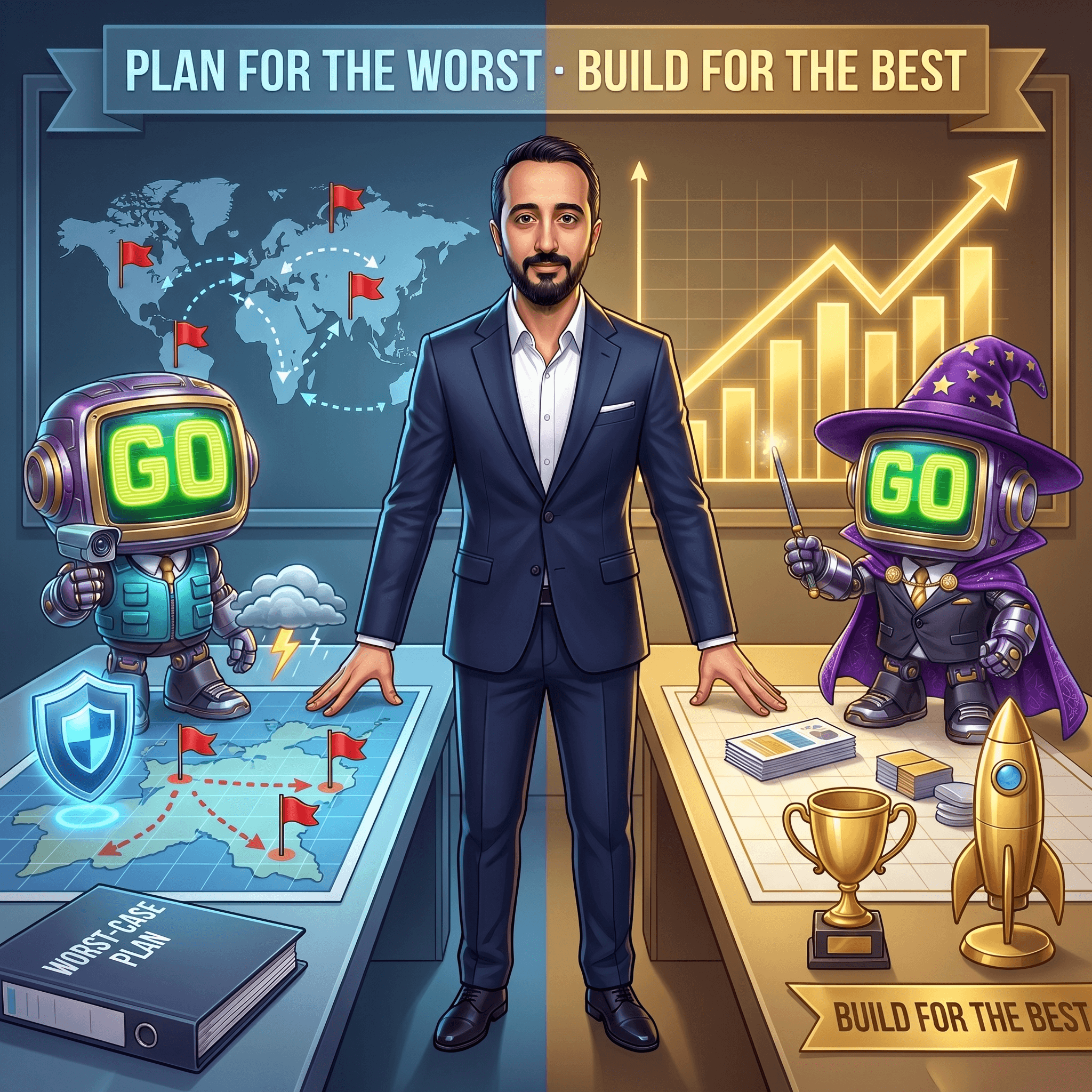 Mascot illustration · Planea para lo peor, construye para lo mejor